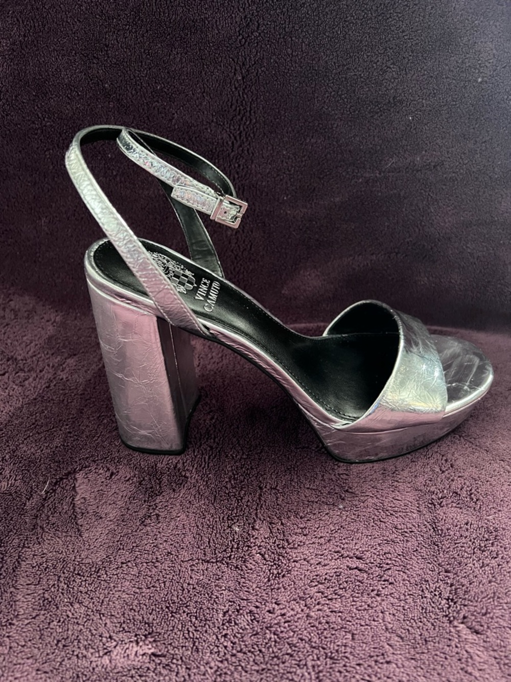 Vince Camuto Metallic Silver Chunky Heel Sandals with Ankle Strap